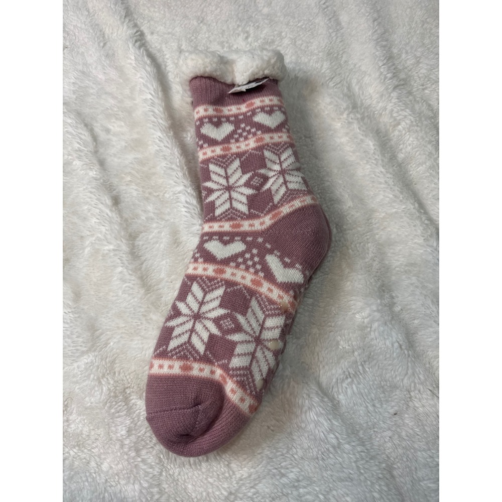 Booted Mauve Pink Fair Isle‎ Snowflake Heart Sherpa Lined Gripper Slipper Socks